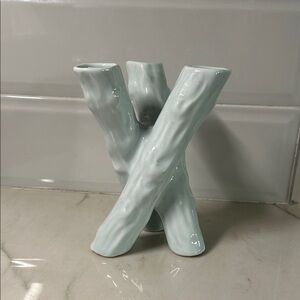 Vintage Camark Pottery Twisted Bamboo Triple Bud Vase light teal mint